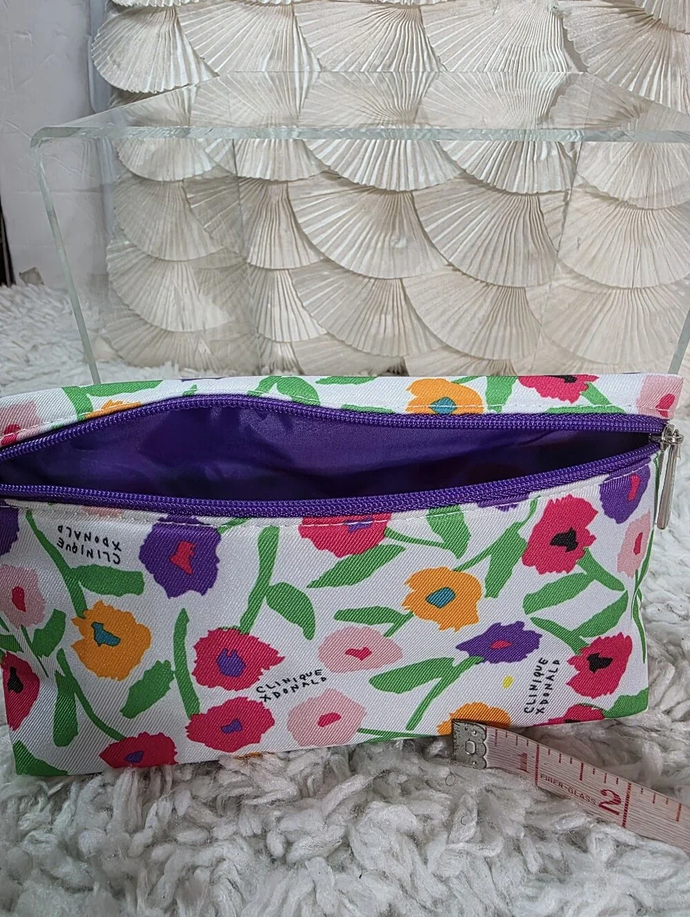 Clinique Floral Cosmetic Bag in White with Pink, Purple & Orange Blooms